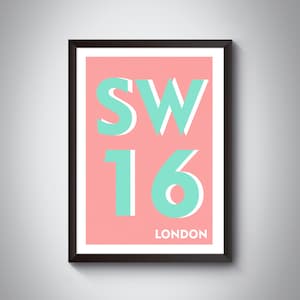 SW16 (Streatham / Tooting Common) London Postcode Typography Print - Giclée Art Print - South London Art Print. London Landmark
