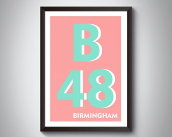 B48 Alvechurch Print - BIRMINGHAM Print. Postcode Typography Art Print. Giclée print. Available in multiple colours.