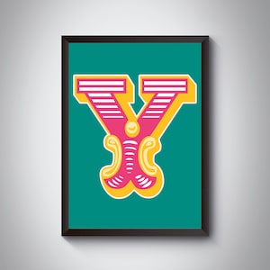 Impresión de letras Y / Impresión de arte de letras iniciales de carnaval brillante y audaz / Tipografía de circo/ / 4 colores / A5, A4, A3, A2, A1 Impresión de arte / Enmarcado