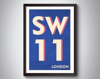 SW11 Battersea, Clapham Junction, Wandsworth - London Print. Postcode Typography Art Print. Giclée Art Print. Available in multiple colours.