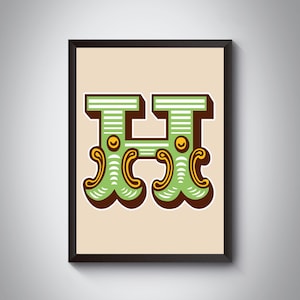 H Letter Print | Heller, mutiger Karneval Anfangsbuchstabe Kunstdruck | Zirkus-Typografie | | 4farbig | A5, A4, A3, A2, A1 Kunstdruck | Gerahmt