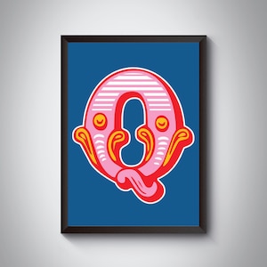 Q Letter Print | Bright, Bold Carnival Initial Letter Art Print | Circus Typography| | 4 colour | A5, A4, A3, A2, A1 Art Print | Framed