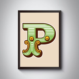 Impresión de letra P / Impresión de arte de letra inicial de carnaval brillante y audaz / Tipografía de circo / / 4 colores / A5, A4, A3, A2, A1 Impresión de arte / Enmarcado