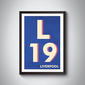 May include: A framed print with a blue background and white text. The text reads "L19 LIVERPOOL". The numbers and the letter are outlined in pink.