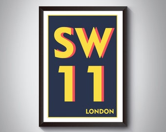 SW11 Battersea, Clapham Junction, Wandsworth. Postcode Typography. Giclée Art Print | 9 colour | A5, A4, A3, A2, A1 Art Print | Framed