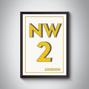 NW2 (Cricklewood, Golders Green, Brent, Willesden, Neasden) Londen Postcode Typografie Print - Giclée Art Print - London Art Print.