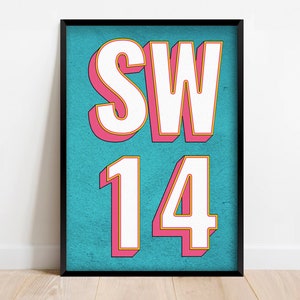 SW14 | Mortlake, London Postcode Typography Print | Personalised Art Print. Available in multiple colours - FRAMED or UNFRAMED