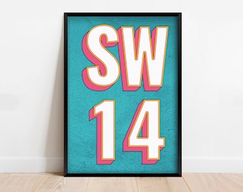 SW14 | Mortlake, tipografia do código postal de Londres Pôsteres de <br> Crie Seu Próprio Produto! Impressão artística personalizada. Disponível em várias cores - FRAMED ou UNFRAMED
