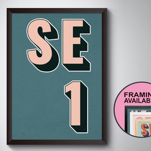 SE1 London Postcode Typography Print - Giclée Art Print - Home Art Print poster. London Landmark - Framed or Unframed - A5,A4,A3,A2,A1