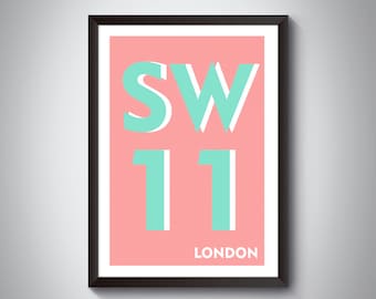 SW11 | Battersea, Clapham Junction, Wandsworth, London Print. Postcode Typography Art Print | Available in multiple colours, Framed/Unframed
