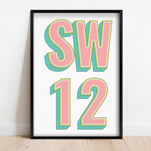 SW12 | Balham, Tooting Bec, London Postcode Typography Print | Personalised Art Print. Available in multiple colours - FRAMED or UNFRAMED