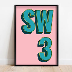 SW3 | Chelsea, Kensington, London Postcode Typography Print | Personalised Art Print. Available in multiple colours - FRAMED or UNFRAMED