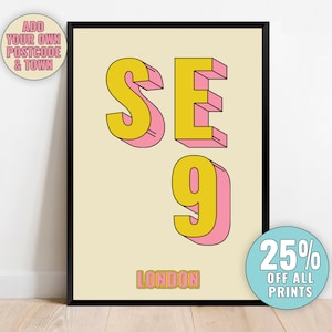 Custom Personalised London Postcode Print – SE9 Eltham, London Typography Giclée Art Print, Framed or Unframed Gift