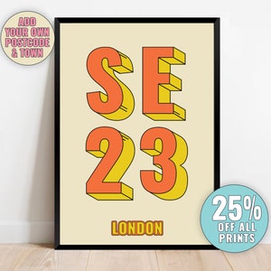 Custom Personalised London Postcode Print – SE23 Forest Hill, London Typography Giclée Art Print, Framed or Unframed Gift