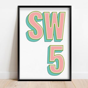 SW5 | Earls Court, West Brompton, London Postcode Typography Print | Personalised Art. Available in multiple colours - FRAMED or UNFRAMED