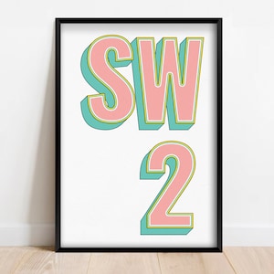 SW2 | Brixton, Tulse Hill, London Postcode Typography Print | Personalised Art Print. Available in multiple colours - FRAMED or UNFRAMED