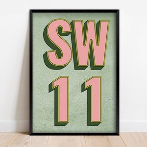 SW11 | Battersea, Wandsworth, London Postcode Typography Print | Personalised Art Print. Available in multiple colours - FRAMED or UNFRAMED