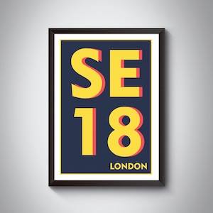 SE18 ( Woolwich / Plumstead ) London Postcode Typography Print - Giclée Art Print - South London Art Print. London Landmark