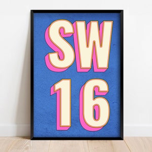SW16 | Streatham, Tooting Common, London Postcode Typography Print | Personalised Art. Available in multiple colours - FRAMED or UNFRAMED
