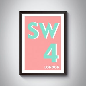 SW4 | Clapham, Stockwell, Lambeth, London Postcode Typography Print. South London Art Print. Available in 9 colours | Framed / Unframed