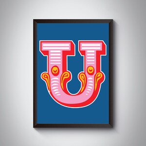 U Letter Print | Bright, Bold Carnival Initial Letter Art Print | Circus Typography| | 4 colour | A5, A4, A3, A2, A1 Art Print | Framed