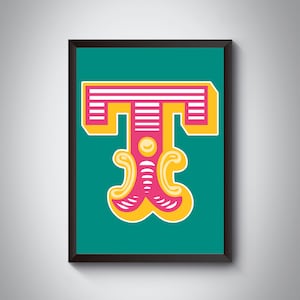 T Buchstabe Druck | Heller, mutiger Karneval Anfangsbuchstabe Kunstdruck | Zirkus-Typografie | | 4farbig | A5, A4, A3, A2, A1 Kunstdruck | Gerahmt