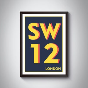 SW12 (Balham, Clapham South) London Postcode Typography Print. Giclée Art Print. South London Art Print. Tube Underground vintage Sign