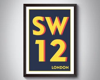 SW12 (Balham, Clapham South) London Postcode Typography Print. Giclée Art Print. South London Art Print. Tube Underground vintage Sign