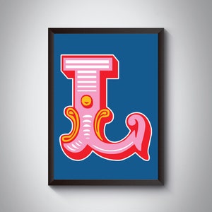 Impresión de letras L / Impresión de arte de letras iniciales de carnaval brillante y audaz / Tipografía de circo/ / 4 colores / A5, A4, A3, A2, A1 Impresión de arte / Enmarcado