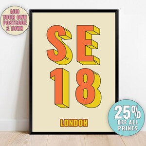 Custom Personalised London Postcode Print – SE18 Woolwich, Plumstead, London Typography Giclée Art Print, Framed or Unframed Gift