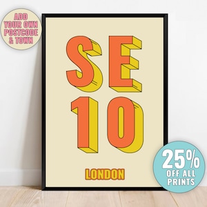 ロンドンの郵便番号プリントをカスタマイズ – SE10 グリニッジ、ロンドン タイポグラフィ ジクレー アート プリント、額入りまたは額なしのギフト Orange and Yellow