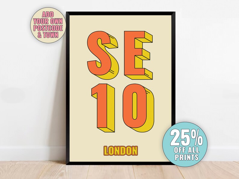 ロンドンの郵便番号プリントをカスタマイズ – SE10 グリニッジ、ロンドン タイポグラフィ ジクレー アート プリント、額入りまたは額なしのギフト Orange and Yellow