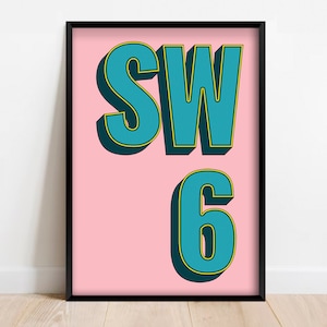 SW6 | Fulham, Hammersmith, London Postcode Typography Print | Personalised Art Print. Available in multiple colours - FRAMED or UNFRAMED