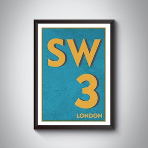 SW3: Chelsea, Belgravia, Kensington, Londen print. Postcode typografie kunstafdruk. Verkrijgbaar in meerdere kleuren