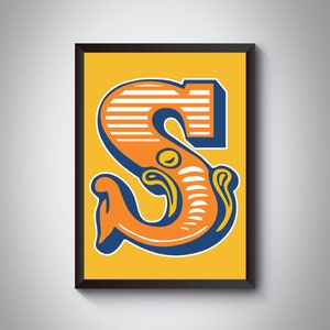 Impresión de letras S / Impresión de arte de letras iniciales de carnaval brillante y audaz / Tipografía de circo/ / 4 colores / A5, A4, A3, A2, A1 Impresión de arte / Enmarcado