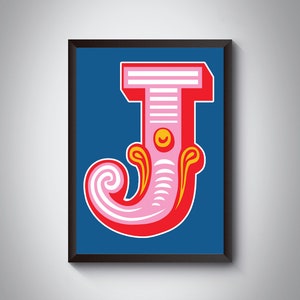 J Letter Print / Bright, Bold Carnival Initial Letter Art Print / Circus Typography / / 4 color / A5, A4, A3, A2, A1 Art Print / Framed