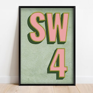 SW4 | Clapham, Stockwell, Vauxhall, London Postcode Typography Print | Personalised Art Print. Available in multicolours - FRAMEDorUNFRAMED