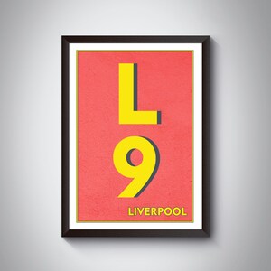 May include: A framed print with a red background and yellow text. The text says "L9 LIVERPOOL".