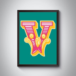 V-Buchstabendruck | Heller, kräftiger Karnevals-Anfangsbuchstaben-Kunstdruck | Zirkus-Typografie | | 4 Farben | A5, A4, A3, A2, A1 Kunstdruck | Gerahmt
