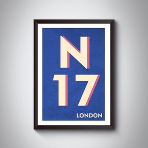 May include: A blue poster with a white and pink graphic of the letters "N17" and the word "LONDON" in white.