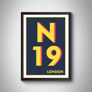 May include: A framed print featuring a yellow and red graphic design of the letters "N19" and the word "LONDON" on a dark blue background.