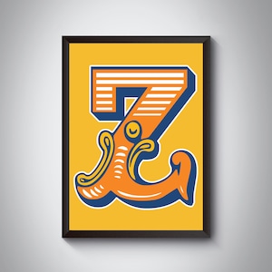 Impresión de letras Z / Impresión de arte de letras iniciales de carnaval brillante y audaz / Tipografía de circo/ / 4 colores / A5, A4, A3, A2, A1 Impresión de arte / Enmarcado