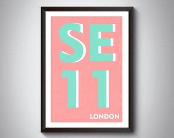 SE11 (Kennington / Lambeth) London Postcode Typography Print - Giclée Art Print - South London Art Print. London Landmark