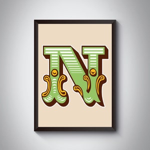 Impresión de letras N / Impresión de arte de letras iniciales de carnaval brillante y audaz / Tipografía de circo/ / 4 colores / A5, A4, A3, A2, A1 Impresión de arte / Enmarcado