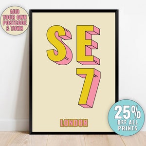 Aangepaste gepersonaliseerde Londense postcodeprint – SE7 Charlton, Londen typografie gicléekunstdruk, ingelijst of ingelijst cadeau