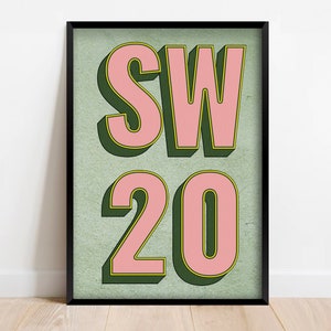 SW20 | Wimbledon, Raynes Park, London Postcode Typography Print | Personalised Art Print. Available in multiple colours - FRAMED or UNFRAMED