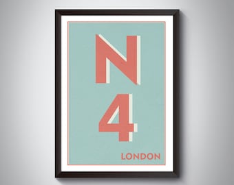 Impresión tipográfica del código postal de Londres N4 (Finsbury Park, Manor House, Harringay, Stroud Green): impresión artística Giclée, impresión artística del sur de Londres.