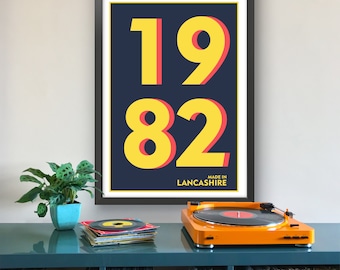 1982 Impression personnalisée de l’année - Impression typographique - Votre année spéciale dans l’image - Impression d’art Giclée, faite sur commande. Juste pour vous.