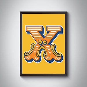 X Letter Print | Bright, Bold Carnival Initial Letter Art Print | Circus Typography| | 4 colour | A5, A4, A3, A2, A1 Art Print | Framed