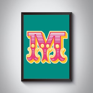 Impresión de letras M / Impresión de arte de letras iniciales de carnaval brillante y audaz / Tipografía de circo/ / 4 colores / A5, A4, A3, A2, A1 Impresión de arte / Enmarcado